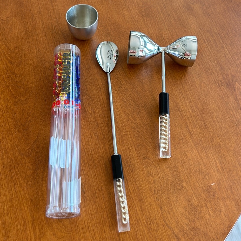 Atomic Lucite barware and stirs and pewter cup